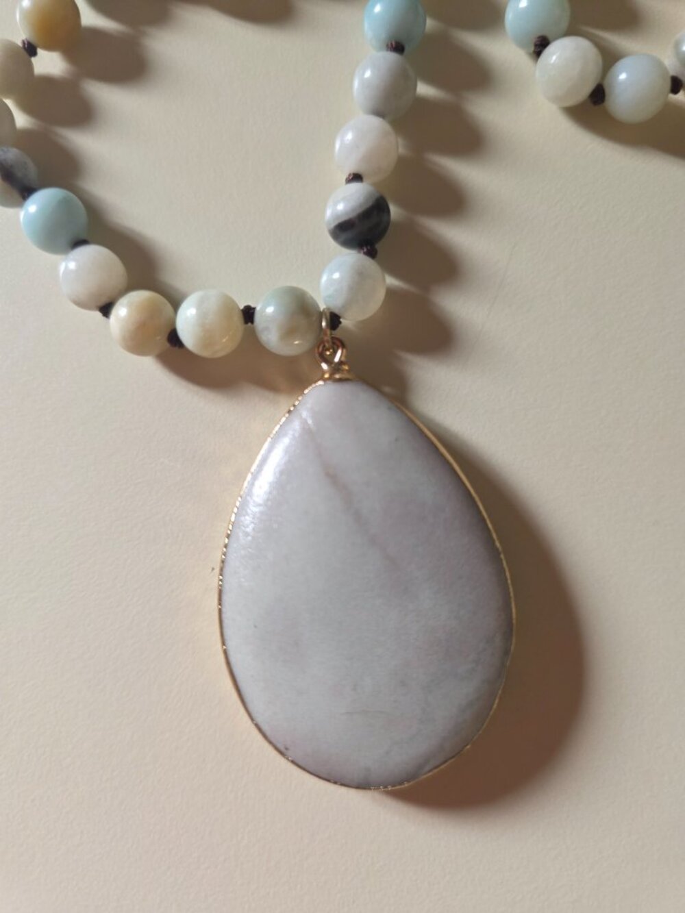 ​Unisex White Howlite Teardrop Pendant Mala Necklace - Amazonite & Jasper Beads - Picture 2 of 3